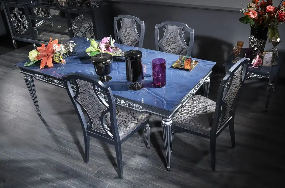 Casa Padrino tavolo da pranzo barocco di lusso blu / argento 209 x 104 x A. 79 cm - Tavolo da cucina in legno massello nobile con piano in vetro - Mobili per sala da pranzo in stile barocco Preisknaller