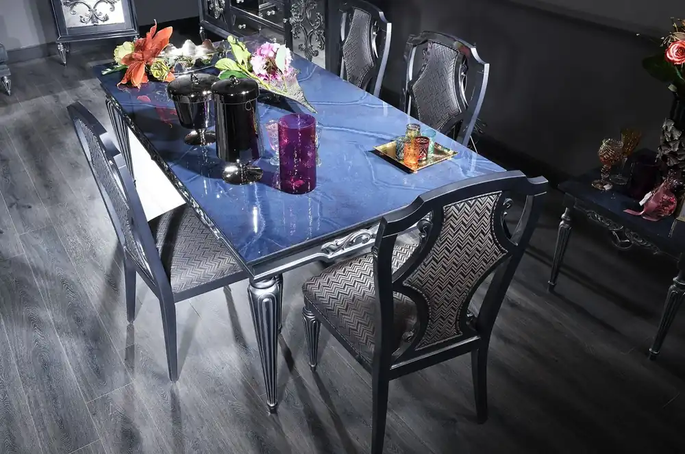 Neue Ware Casa Padrino set di sedie da pranzo barocco di lusso argento / blu 54 x 53 x A. 109 cm - Set di 6 sedie da cucina nobili - Mobili per sala da pranzo barocco