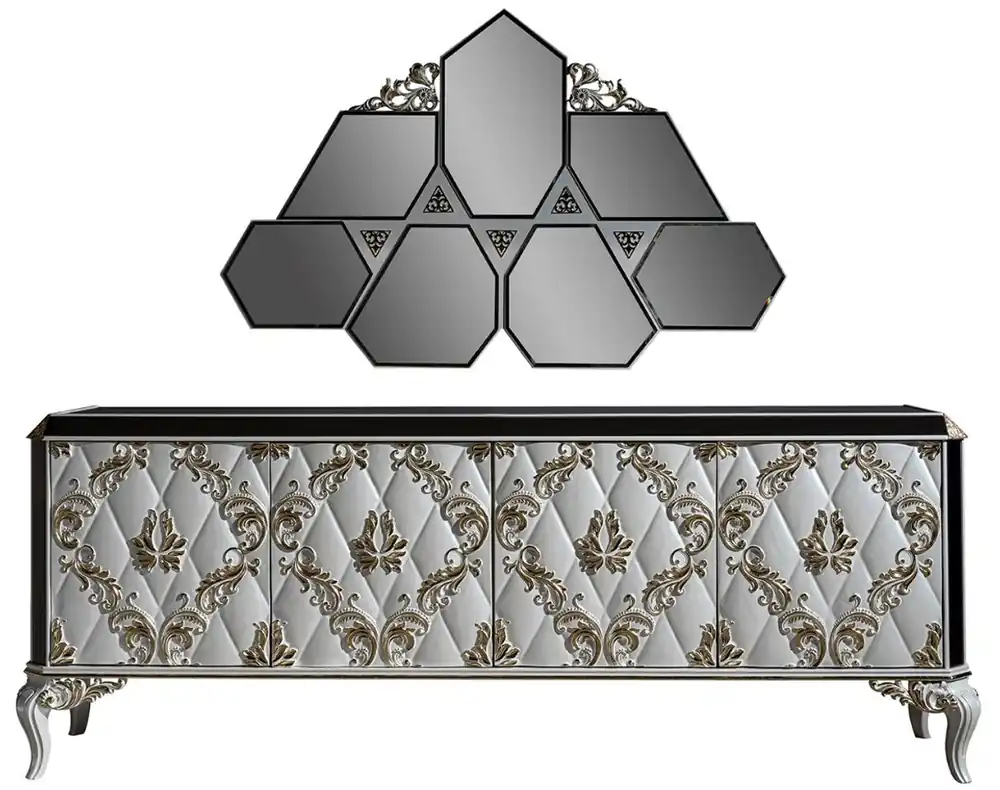 Casa Padrino set di mobili barocchi di lusso credenza con specchio bianco / oro / nero - Nobile armadio in legno massello con elegante specchio a parete - Mobili in stile barocco Sonderangebot