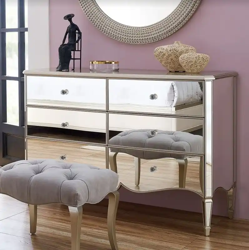 Sofort Bestellen Casa Padrino cassettone neoclassico argento 141 x 48,5 x A. 95 cm - Cassettone in legno massello a specchio con 6 cassetti - Mobili in stile neoclassico