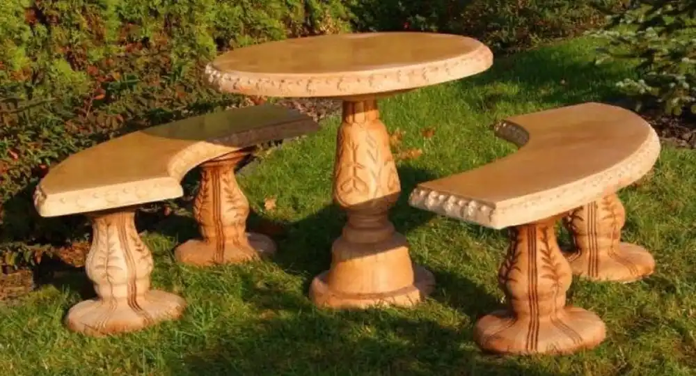 Jetzt Bestellen Casa Padrino Set di Mobili da Giardino in Pietra Beige - 1 Tavolo da Giardino Rotondo e 2 Panche da Giardino Curve - Mobili da Giardino e Patio Orientali