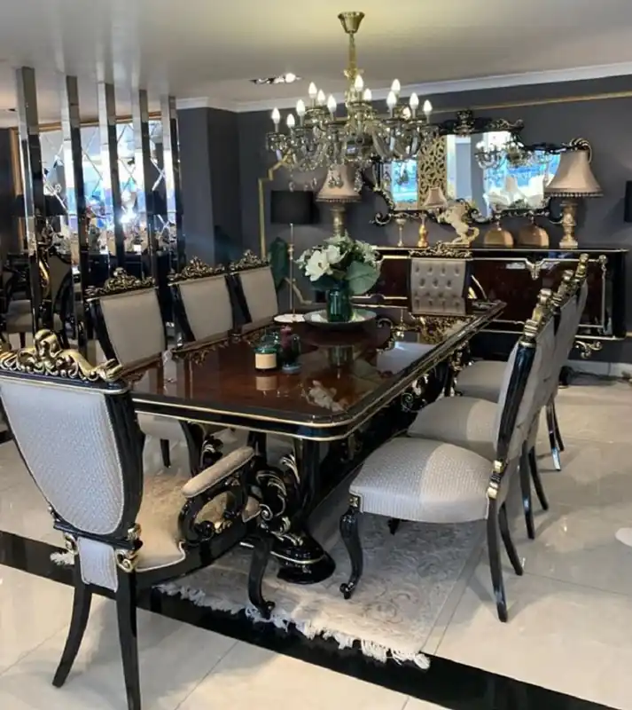 Schnäppchen Casa Padrino set da pranzo barocco di lusso marrone / argento / nero / oro - 1 Tavolo da Pranzo e 8 Sedie da Pranzo - Mobili da sala da pranzo barocchi - Nobile e Magnifico