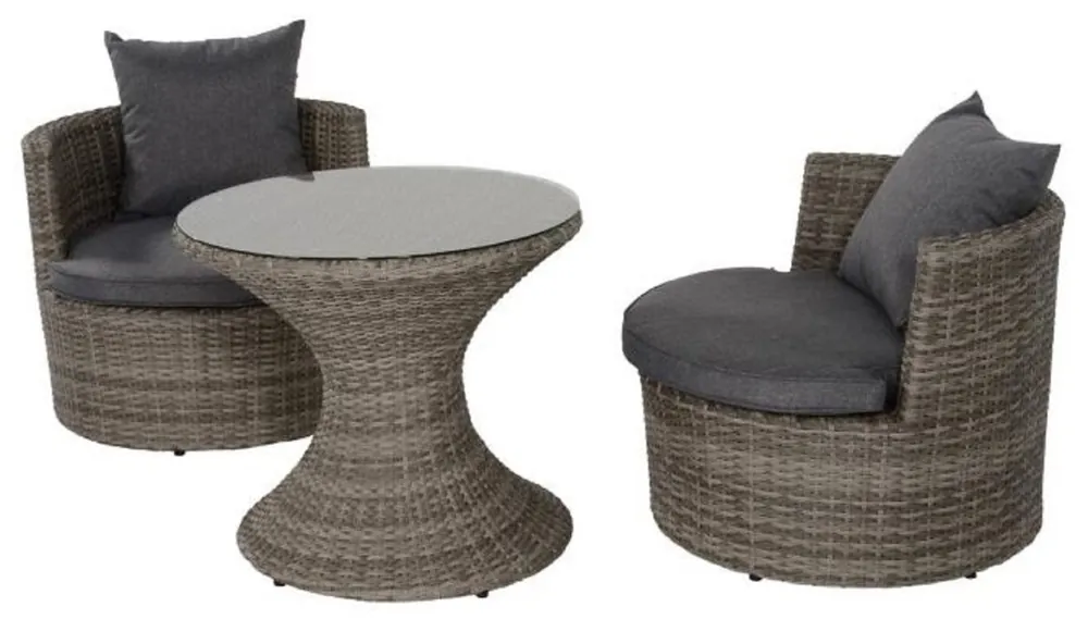 Casa Padrino set di mobili da giardino di lusso grigio scuro / grigio - 1 Tavolo da Giardino Rotondo con Piano in Vetro e 2 Poltrone da Giardino Rotonde con Cuscini - Mobili da Giardino e Patio Neu