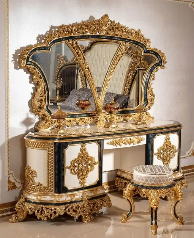 Begrenztes Angebot Casa Padrino set di camera da letto barocco di lusso bianco / blu / oro - 1 Tavola da Trucco Barocco e 1 Specchio da Parete Barocco e 1 Sgabello Barocco - Mobili per camera da letto barocchi
