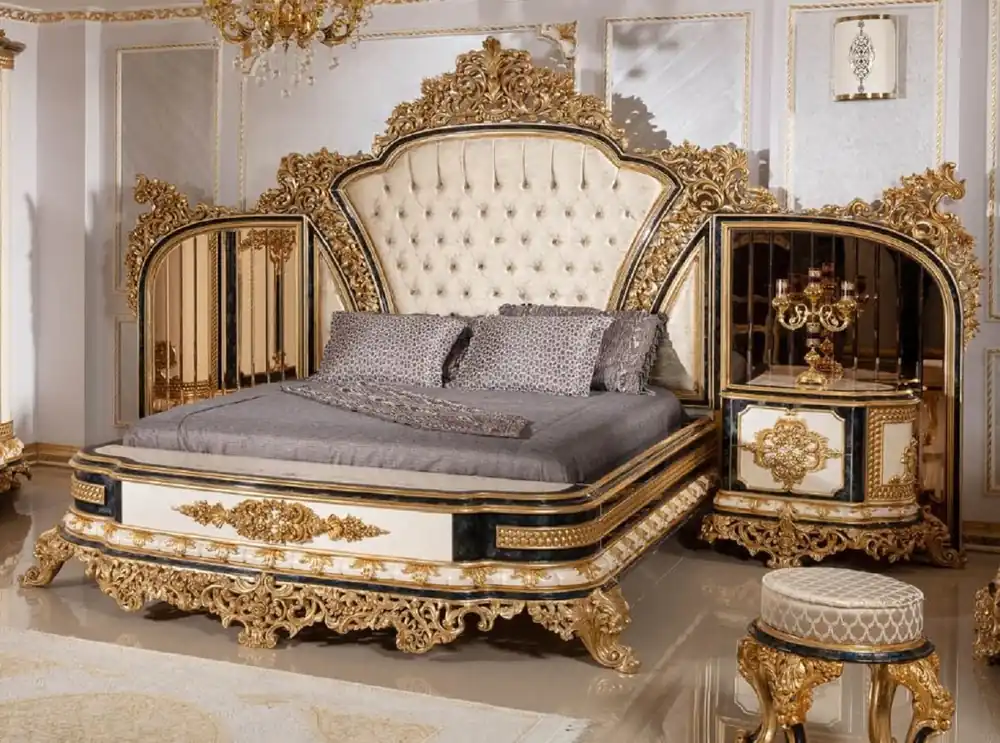 Wochenendangebot Casa Padrino set per camera da letto barocco di lusso oro / bianco / blu / oro - 1 Letto Matrimoniale con Testiera e 2 Comodini - Mobili per camera da letto barocco - Nobile e Magnifico