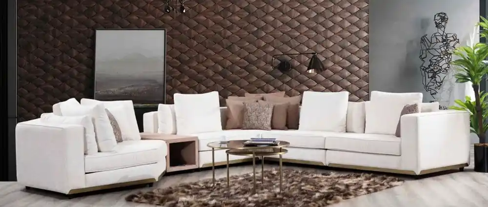 Casa Padrino divano ad angolo di lusso bianco / marrone / ottone 300 x 400 x A. 65 cm - Divano soggiorno moderno - Mobili soggiorno moderni - Collezione di Lusso Geprüft