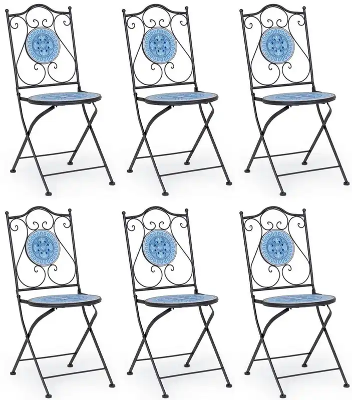 Solange Der Vorrat Reicht Casa Padrino set di 6 sedie da giardino Art Nouveau nero / blu / bianco 39 x 47 x A. 92 cm - Sedie pieghevoli con piani in ceramica - Mobili Nostalgici da Giardino e Gastronomia