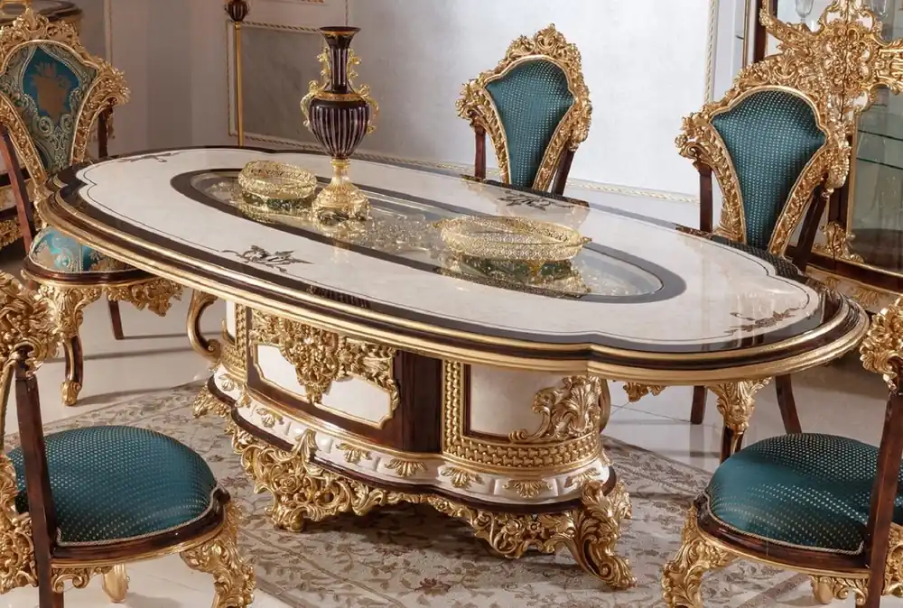 Casa Padrino tavolo da pranzo barocco di lusso bianco / marrone / oro - Magnifico tavolo da pranzo in legno massello in stile barocco - Mobili da pranzo in stile barocco - Nobile e Magnifico Bestpreis