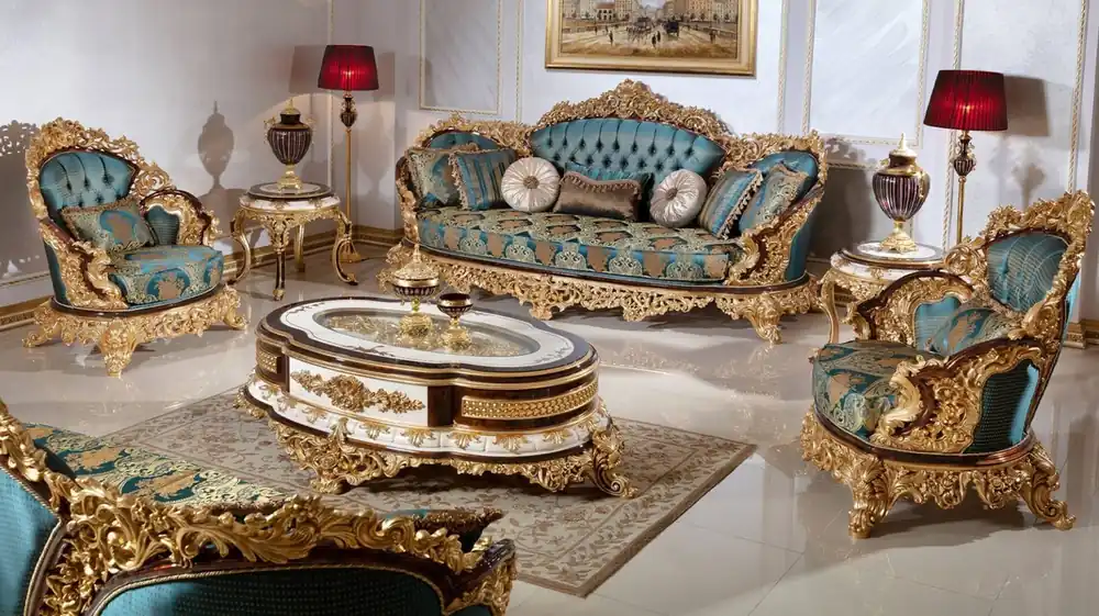 Preisknaller Casa Padrino set da soggiorno barocco di lusso blu / bianco / marrone / oro - 2 Divani e 2 Poltrone e 1 Tavolo da Salotto e 2 Tavolini - Mobili da soggiorno barocco - Nobile e Magnifico