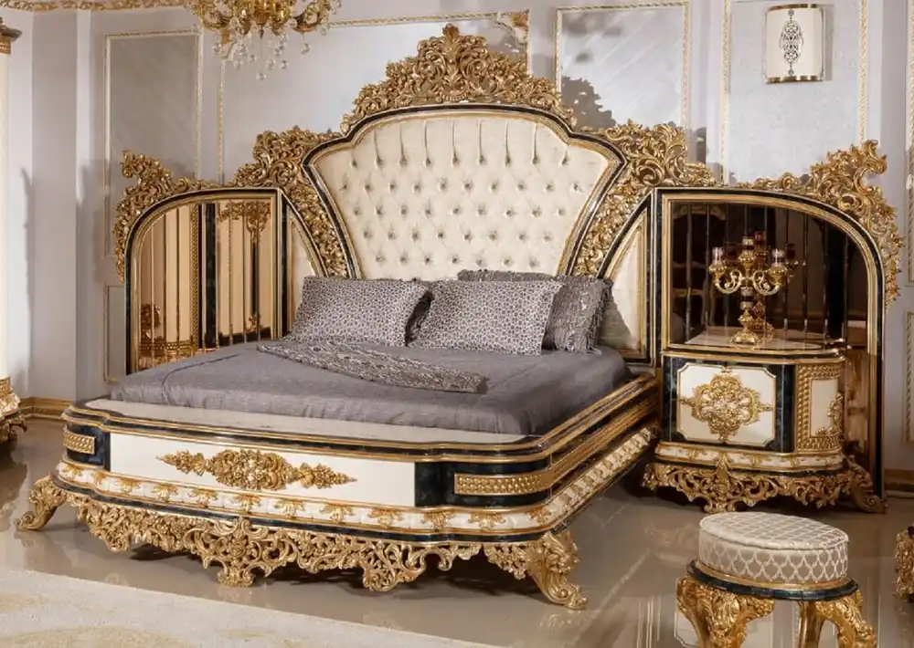 Casa Padrino letto matrimoniale barocco di lusso oro / bianco / blu / oro - Magnifico letto in legno massello con testiera a specchio - Mobili per camera da letto barocco - Nobile e Magnifico Angebot