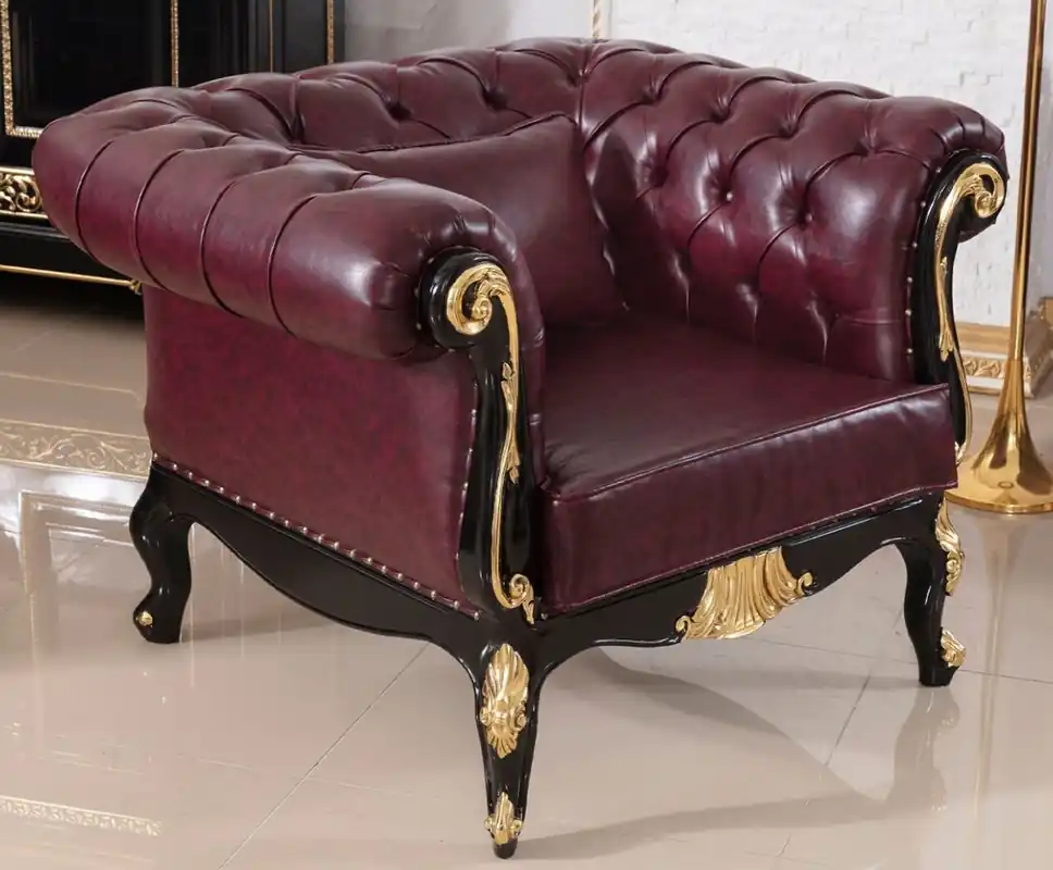 Finale Aktion Casa Padrino poltrona barocco Chesterfield di lusso bordeaux rosso / nero / oro - Magnifica poltrona da soggiorno con pregiata pelle artificiale - Mobili da Soggiorno Barocchi Chesterfield