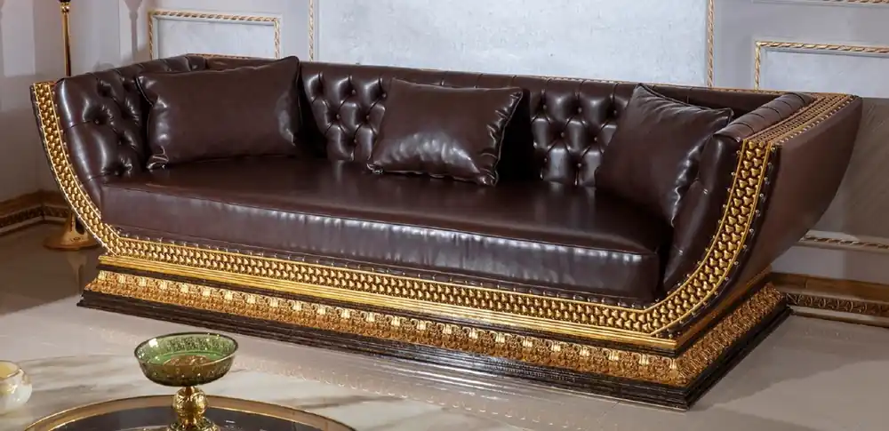 Casa Padrino divano barocco Chesterfield di lusso marrone scuro / oro - Magnifico divano da soggiorno con pelle artificiale pregiata - Mobili da Soggiorno Chesterfield Barocchi Knallerangebot
