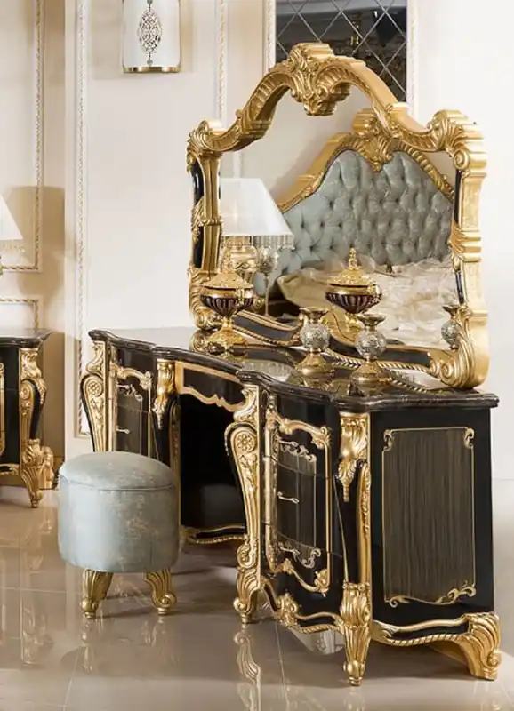 Solange Der Vorrat Reicht Casa Padrino set di camera da letto barocco di lusso nero / oro / azzurro - 1 Tavola da Trucco Barocco e 1 Specchio da Parete Barocco e 1 Sgabello Barocco - Mobili per camera da letto barocchi