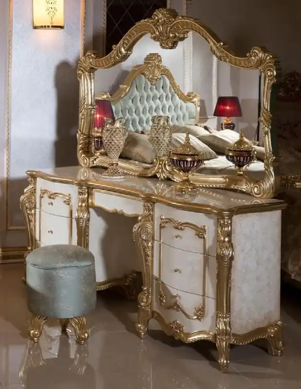Casa Padrino set di camera da letto barocco di lusso bianco / beige / oro / azzurro - 1 Tavola da Trucco Barocco e 1 Specchio Barocco e 1 Sgabello Barocco - Mobili per camera da letto barocchi Direkt Vom Hersteller
