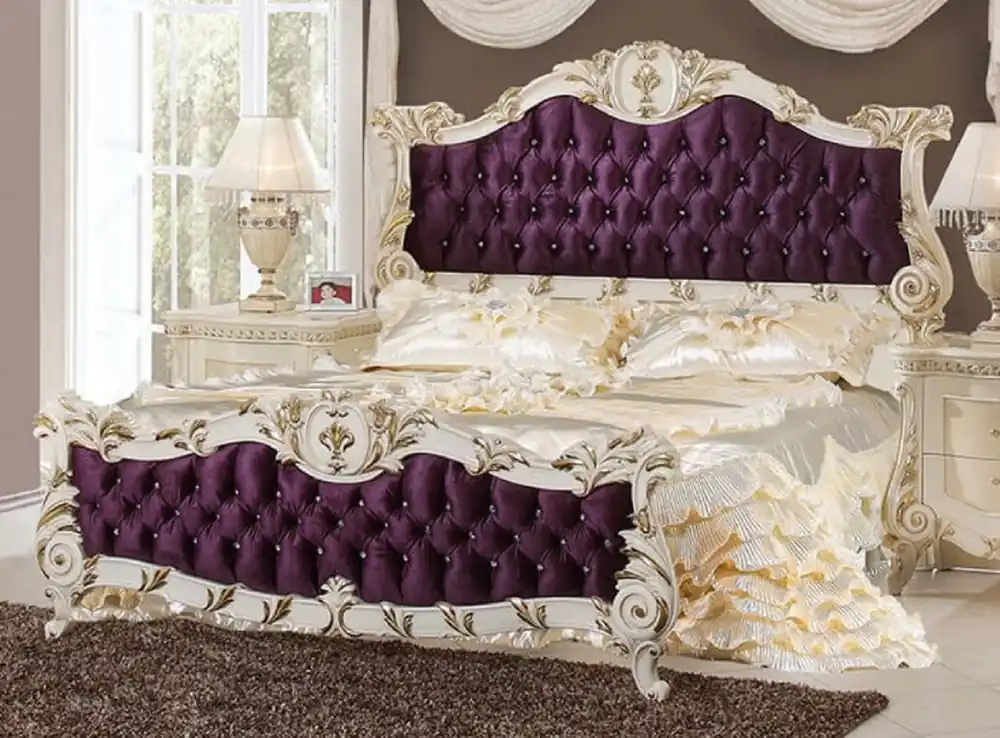 Casa Padrino letto matrimoniale barocco di lusso viola / bianco / oro - Magnifico letto in legno massello con strass - Mobili per camera da letto barocco - Nobile e Magnifico Wochenendangebot