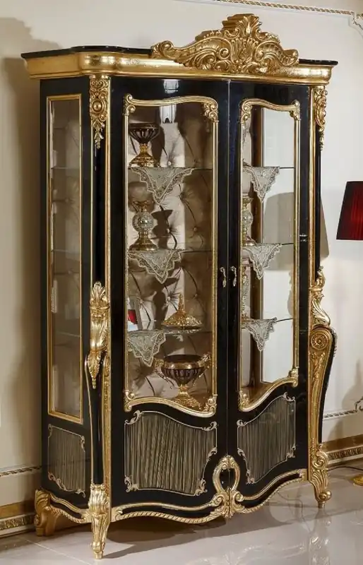 Top-Seller Casa Padrino vetrina barocco di lusso nero / oro - Magnifica vetrina in legno massello con 2 ante in vetro e 3 ripiani in vetro - Mobili Barocchi - Nobile e Magnifico
