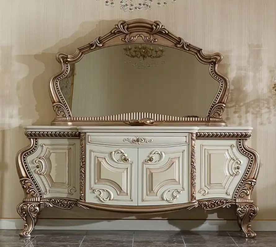 Casa Padrino set di mobili barocco di lusso bianco / beige / rame - 1 Credenza Barocco e 1 Specchio a Parete Barocco - Mobili Barocchi Fatti a Mano - Nobili e Magnifici Direkt Vom Hersteller