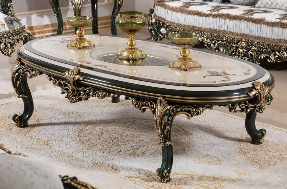 Geprüft Casa Padrino tavolo da soggiorno barocco di lusso beige / bianco / verde / oro - Magnifico tavolino da caffè con piano in vetro - Mobili da soggiorno barocchi - Nobile e Magnifico