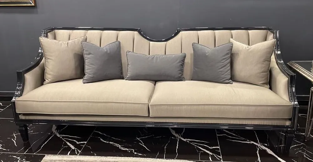 Casa Padrino divano Art Deco di lusso beige / nero - Divano da soggiorno in legno massello fatto a mano - Mobili da Soggiorno Art Deco di Lusso Angebot