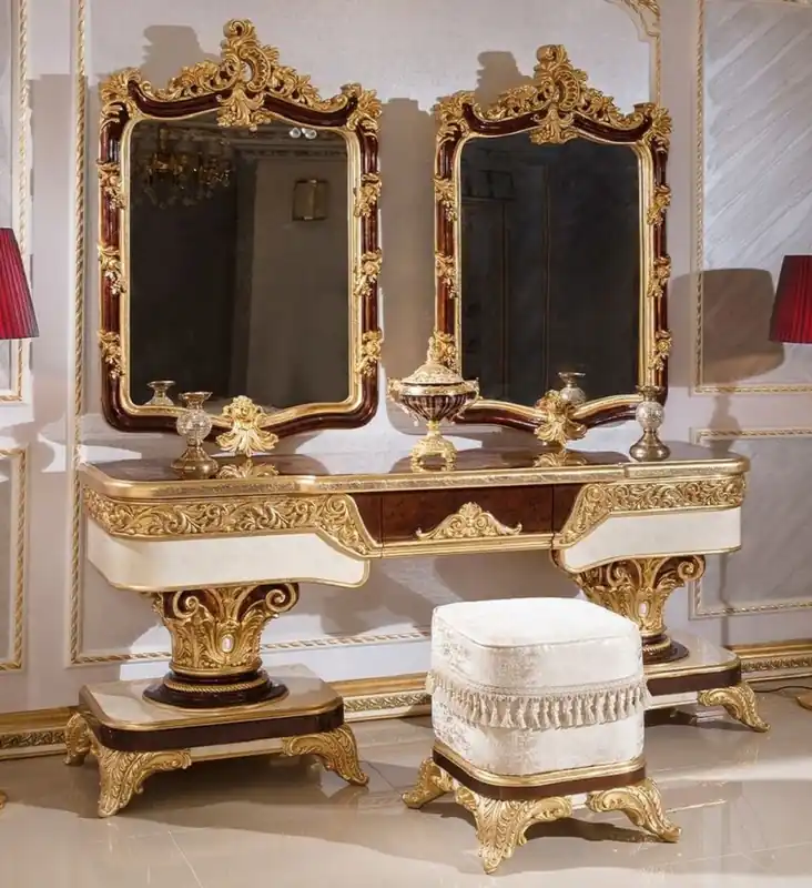 Begrenztes Angebot Casa Padrino set di camera da letto barocco di lussomarrone / bianco / oro - 1 Tavola da Trucco Barocco e 2 Specchi Barocco e 1 Sgabello Barocco - Mobili per camera da letto barocchi