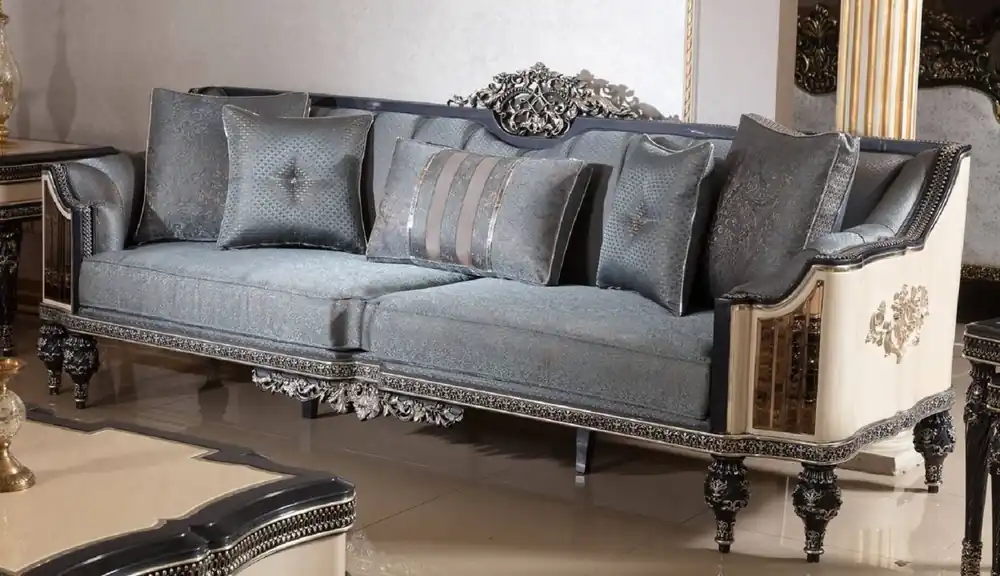Casa Padrino divano barocco di lusso azzurro / beige / nero / oro - Magnifico divano da soggiorno con motivo elegante - Mobili barocchi per soggiorno e hotel - Nobili e Magnifici Expressversand