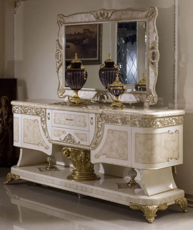 Markenware Casa Padrino set di mobili barocco di lusso bianco / beige / oro - 1 Credenza Barocco e 1 Specchio a Parete Barocco - Mobili Barocchi Fatti a Mano - Nobili e Magnifici
