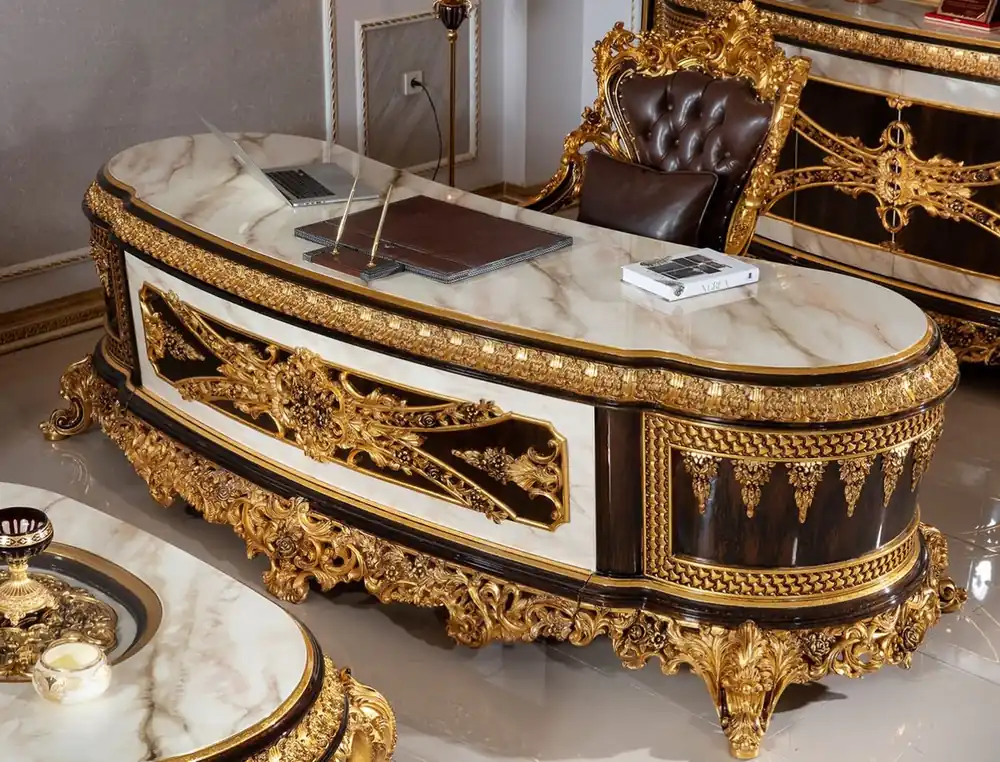 Heißes Angebot Casa Padrino set di mobili da ufficio barocco di lusso bianco / marrone scuro / oro - 1 Scrivania Barocco con Aspetto Marmo e 1 Sedia da Ufficio Barocco con pelle artificiale - Mobili da Ufficio