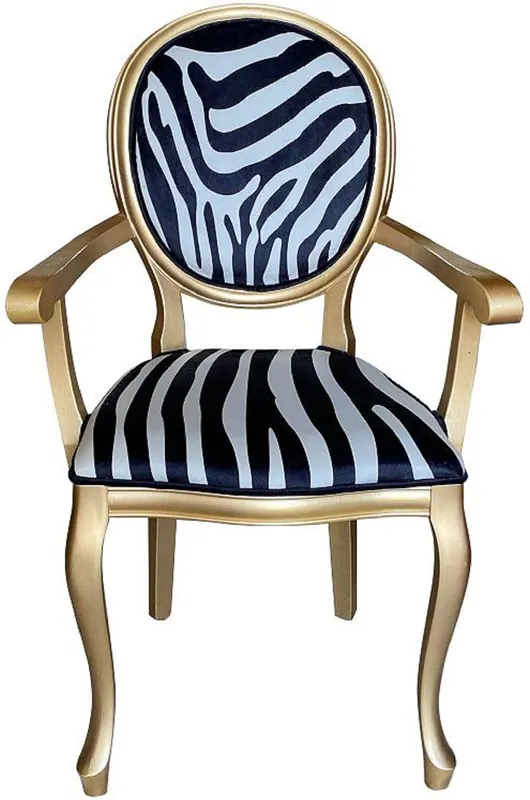 Neu Casa Padrino sedia da pranzo barocco nero / bianco / oro - Sedia fatto a mano in stile antico con braccioli e design zebrato - Mobile da pranzo in stile barocco