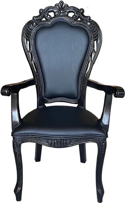 Neu Im Sortiment Casa Padrino sedia da pranzo barocco di lusso nero / nero - Sedia fatto a mano in stile antico con braccioli e pelle artificiale pregiatoi - Mobile da pranzo in stile barocco