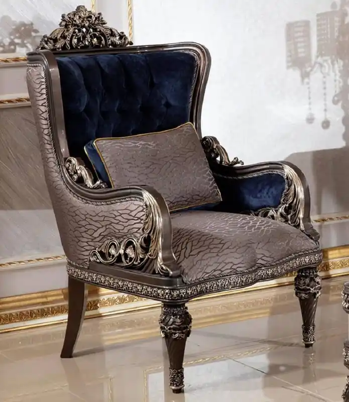Casa Padrino poltrona barocco di lusso blu reale / grigio / marrone scuro / oro - Poltrona da soggiorno in stile barocco fatto a mano con motivo elegante - Mobili da soggiorno in stile barocco Direktkauf