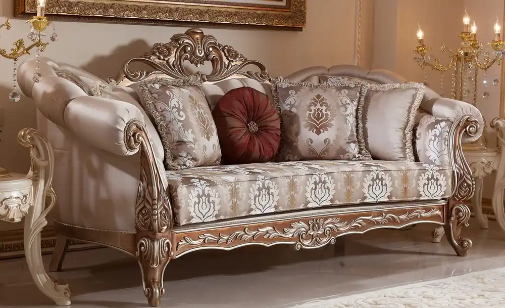 Casa Padrino divano barocco di lusso grigio / rame / argento - Magnifico divano da soggiorno con motivo elegante - Mobili barocchi per soggiorno e hotel - Nobili e Magnifici Markenprodukt