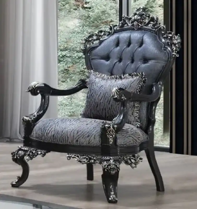 Casa Padrino poltrona barocco di lusso blu / grigio / nero / argento - Magnifica poltrona da soggiorno con motivo elegante - Mobili barocchi per soggiorno e hotel - Nobili e Magnifici Mega-Angebot