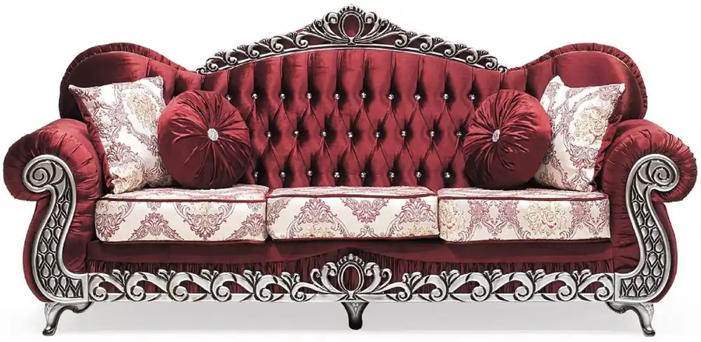 Saisonangebot Casa Padrino divano barocco di lusso bordeaux rosso / crema / argento - Magnifico divano da soggiorno con motivo elegante e strass - Mobili da soggiorno in stile barocco - Mobili barocchi