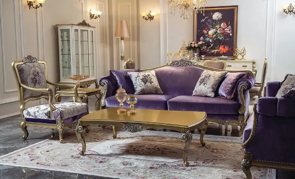 Neue Ware Casa Padrino set da soggiorno barocco di lusso viola / oro / argento - 2 Divani Barocchi e 2 Poltrone Barocche e 1 Tavolo da Salotto Barocco - Mobili soggiorno in stile barocco - Mobili barocchi