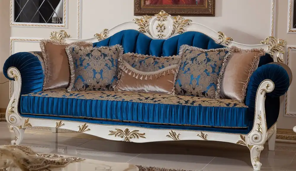 Casa Padrino divano barocco di lusso blu / marrone / bianco / oro - Magnifico divano da soggiorno con motivo elegante - Mobili da soggiorno in stile barocco - Mobili di lusso in stile barocco Nur Für Kurze Zeit