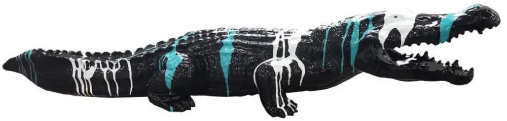 Casa Padrino scultura decorativa di lusso coccodrillo nero / bianco / turchese 108 cm - Scultura da giardino resistente alle intemperie - Scultura decorativa XXL - Figura decorativa XXL Echt