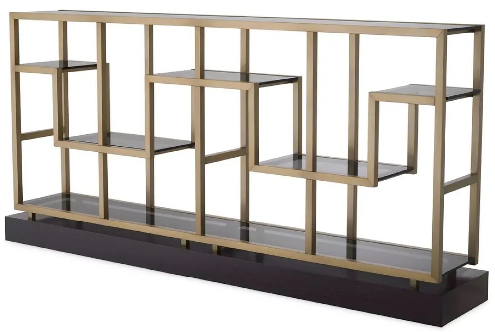 Zertifiziert Casa Padrino consolle di lusso ottone / grigio / nero 213,5 x 34 x A. 104,5 cm - Consolle rettangolare con piani in vetro - Mobili soggiorno - Mobili hotel - Mobili di lusso - Arredi di lusso
