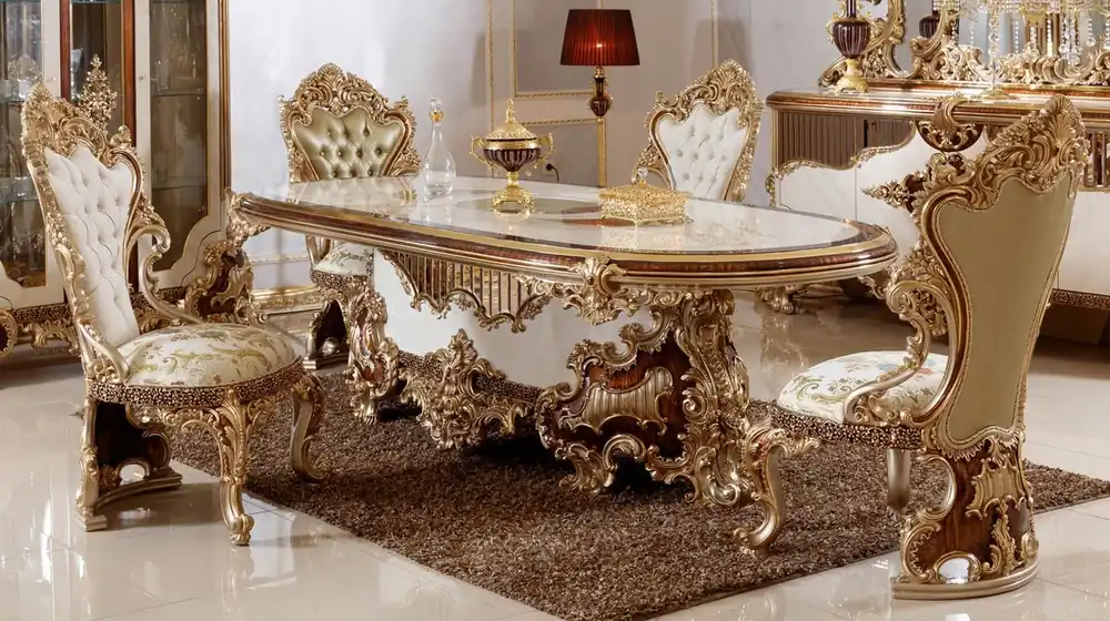 Casa Padrino set da pranzo barocco di lusso bianco / marrone / oro - 1 Tavolo da Pranzo Barocco e 6 Sedie da Pranzo Barocche - Mobili barocchi per sala da pranzo - Mobili di lusso in stile barocco Echt