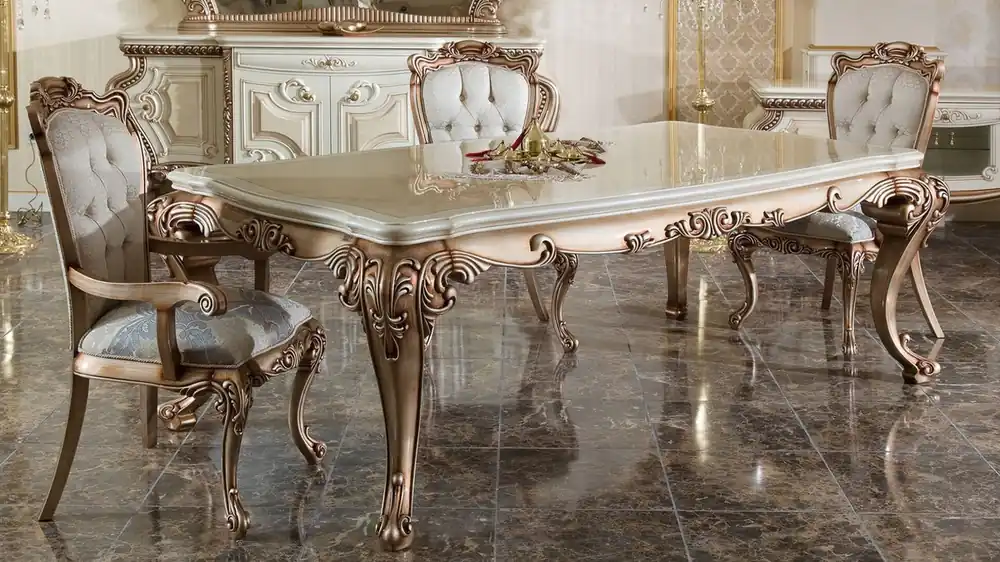 Garantierte Lieferung Casa Padrino set da pranzo barocco di lusso bianco / rame - 1 Tavolo da Pranzo Barocco e 6 Sedie da Pranzo Barocche - Mobili barocchi per sala da pranzo - Nobile e Magnifico