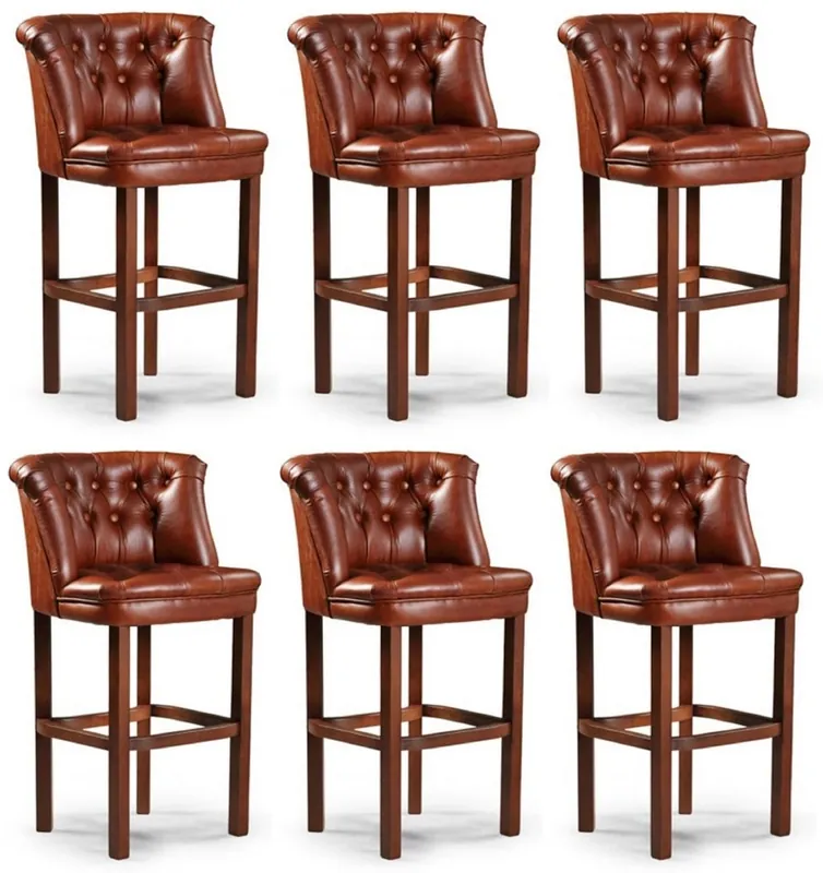 Nur Für Kurze Zeit Casa Padrino set di 6 sedie da bar Chesterfield di lusso in pelle marrone 63 x 56 x A. 107 cm - Sgabelli da bar imbottiti in vera pelle - Mobili da bar Chesterfield - Mobili da bar di lusso