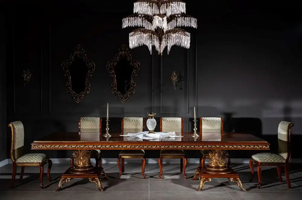 Must-Have Casa Padrino set da pranzo barocco di lusso marrone / oro - 1 Enorme Tavolo da Pranzo Barocco e 14 Sedie da Pranzo Barocche - Mobili barocchi per sala da pranzo - Nobile e Magnifico
