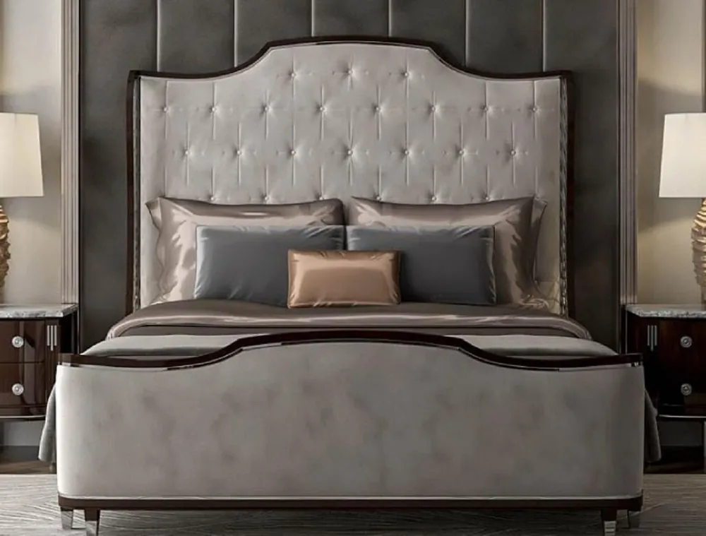 Casa Padrino letto matrimoniale Art Deco di lusso grigio / marrone scuro / argento - Letto nobile in legno massello con testiera - Mobili camera da letto - Mobili per hotel - Mobili Art Deco Neuheit