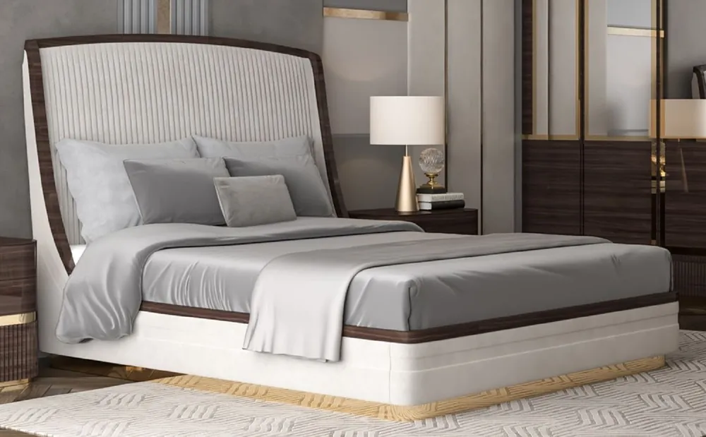 Casa Padrino letto matrimoniale di lusso bianco / marrone scuro / oro - Letto nobile in legno massello con testiera - Mobili per la camera da letto - Mobili per hotel - Mobili di lusso Meistverkauft