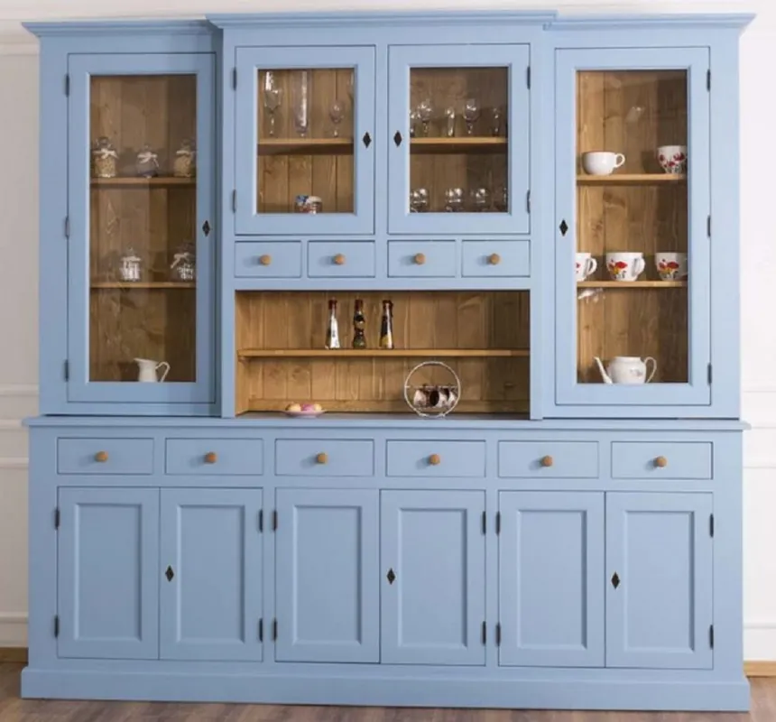 Casa Padrino armadio da pranzo in stile country azzurro / naturale 245 x 47 x A. 225 cm - Armadio da cucina in legno massello - Mobili per sala da pranzo stile country - Arredamenti stile country Geprüft