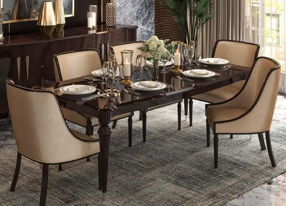 Mega-Angebot Casa Padrino set da pranzo Art Deco di lusso beige / marrone scuro lucido / argento - 1 Tavolo da Pranzo Art Deco e 6 Sedie da Pranzo Art Deco - Mobili da Pranzo Art Deco - Qualità di Lusso