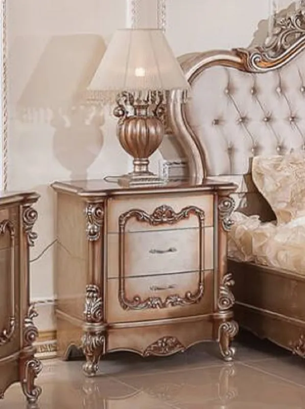 Casa Padrino comodino barocco di lusso rame / argento - Magnifico comodino barocco con 3 cassetti - Mobili da camera da letto di lusso in stile barocco - Mobili barocchi - Arredi barocchi Solange Der Vorrat Reicht