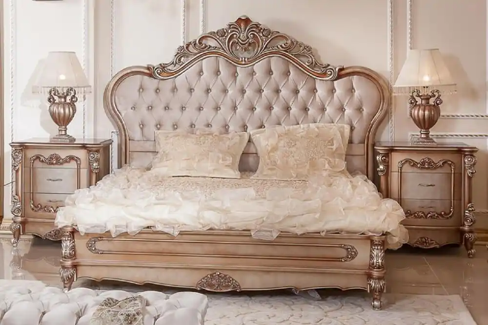 Casa Padrino set per camera da letto barocco di lusso grigio / rame / argento - 1 Letto Matrimoniale con Testiera e 2 Comodini - Mobili da camera da letto barocchi - Mobili di lusso stile barocco Geprüft