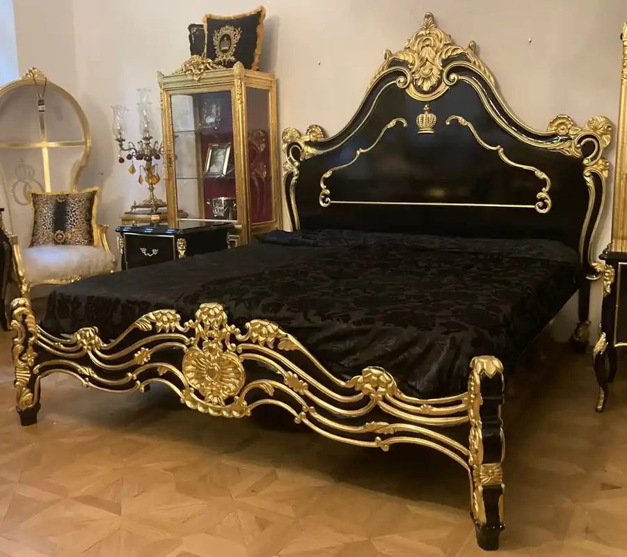 Pompöös di Casa Padrino letto matrimoniale barocco di lusso con materasso nero / oro - Letto barocco pomposo disegnato da Harald Glööckler - Mobili per camera da letto barocco - Mobili barocchi Sonderangebot