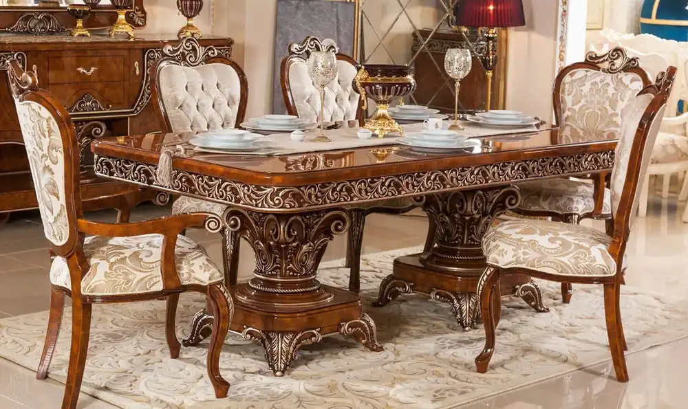 Top-Angebot Casa Padrino set da pranzo barocco di lusso marrone / oro / bronzo - 1 Tavolo da Pranzo Barocco e 6 Sedie da Pranzo Barocche - Mobili barocchi per sala da pranzo - Nobile e Magnifico