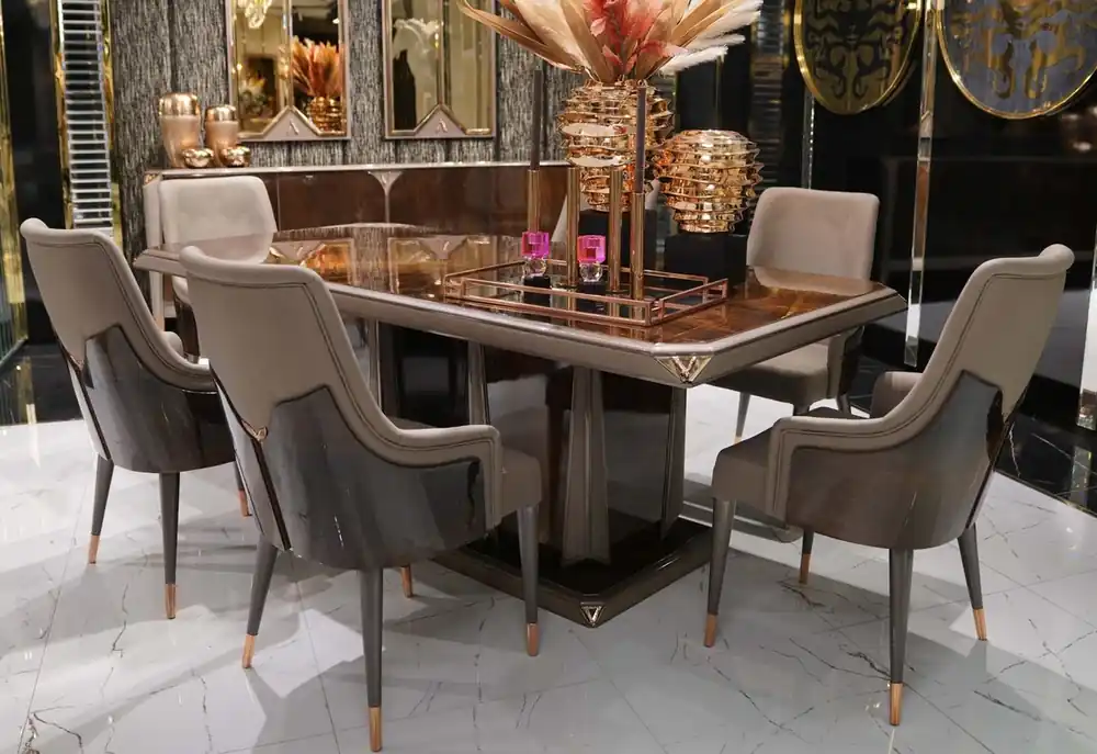 Casa Padrino set da pranzo di lusso marrone scuro / grigio / rame - 1 Tavolo da Pranzo di Lusso e 6 Sedie da Pranzo di Lusso - Mobili per sala da pranzo - Mobili di lusso - Arredamento di lusso Bestpreis